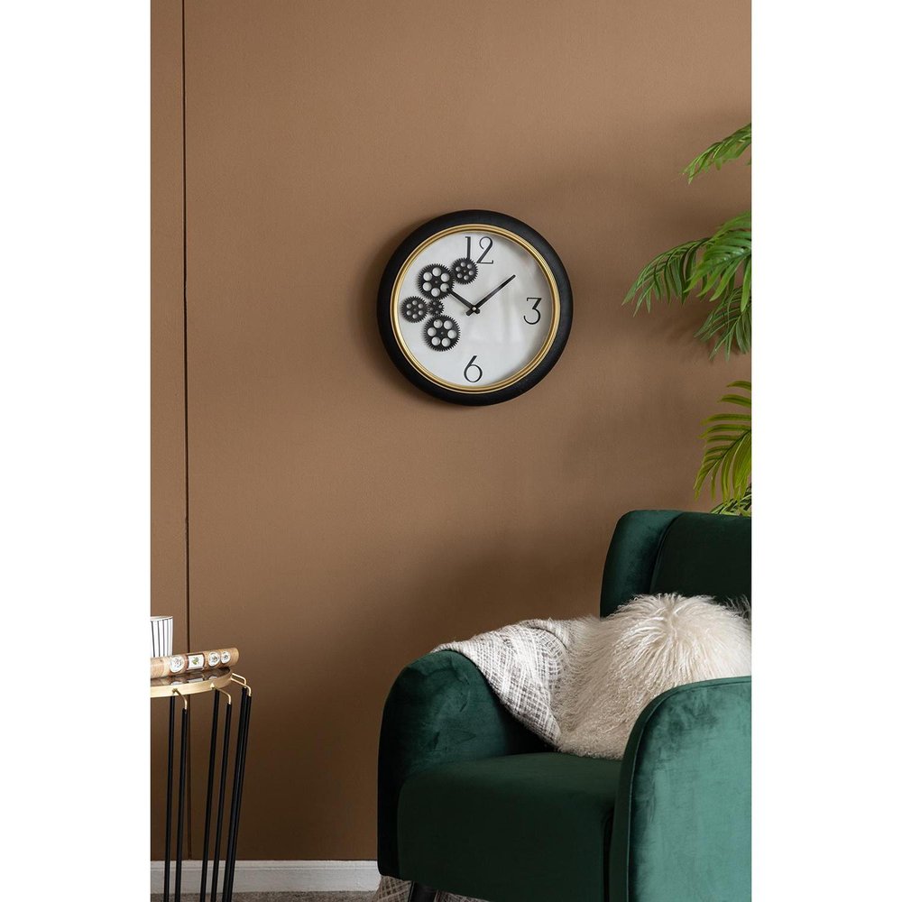 16" Black Gold And White Faux Leather And Iron Analog Exposed Gear Round Wall Clock HomeRoots