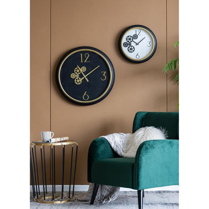 16" Black Gold And White Faux Leather And Iron Analog Exposed Gear Round Wall Clock HomeRoots