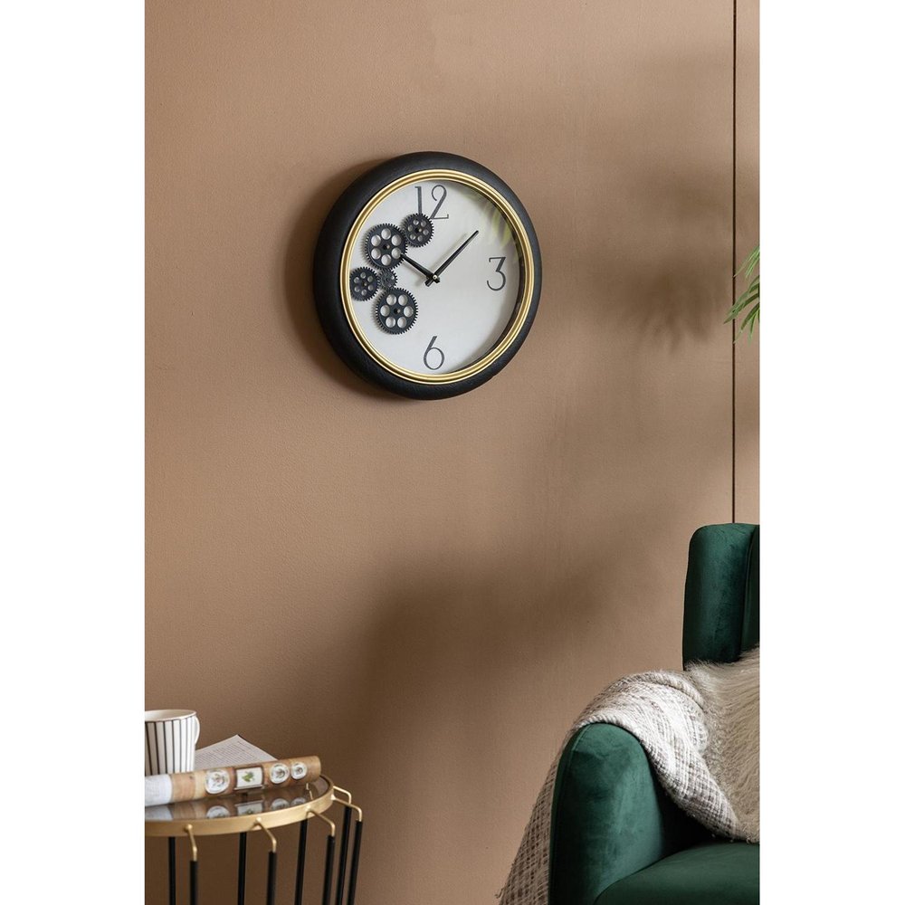 16" Black Gold And White Faux Leather And Iron Analog Exposed Gear Round Wall Clock HomeRoots