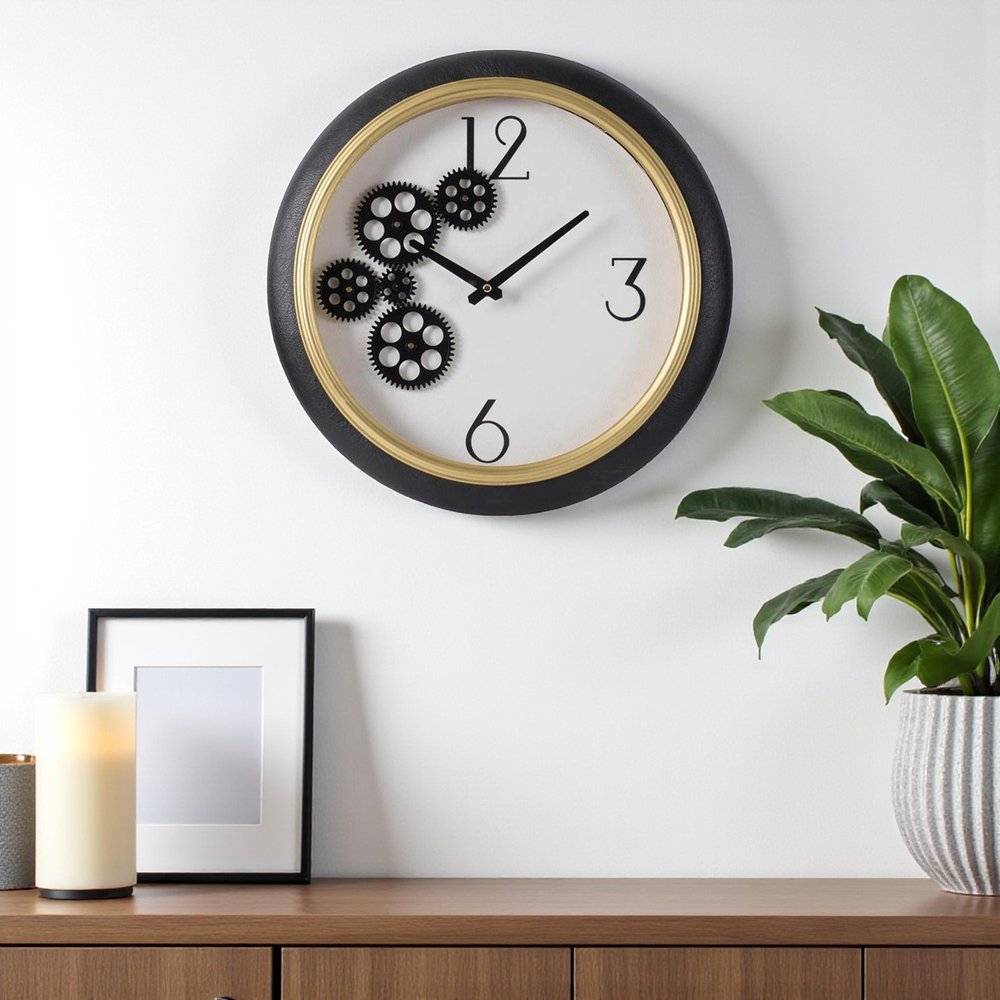 16" Black Gold And White Faux Leather And Iron Analog Exposed Gear Round Wall Clock HomeRoots