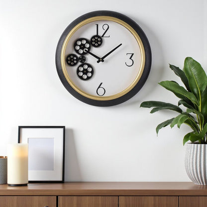 16" Black Gold And White Faux Leather And Iron Analog Exposed Gear Round Wall Clock HomeRoots