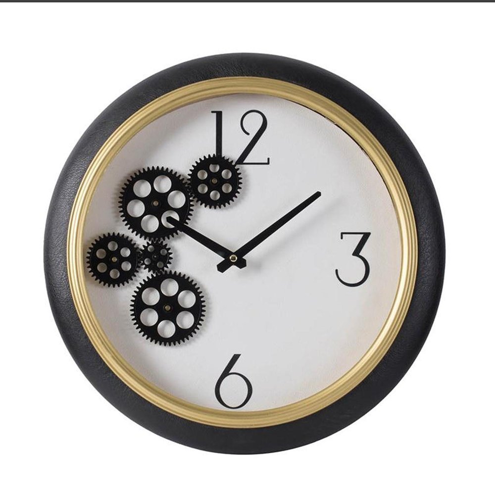 16" Black Gold And White Faux Leather And Iron Analog Exposed Gear Round Wall Clock HomeRoots