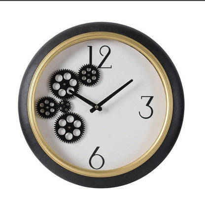 16" Black Gold And White Faux Leather And Iron Analog Exposed Gear Round Wall Clock HomeRoots