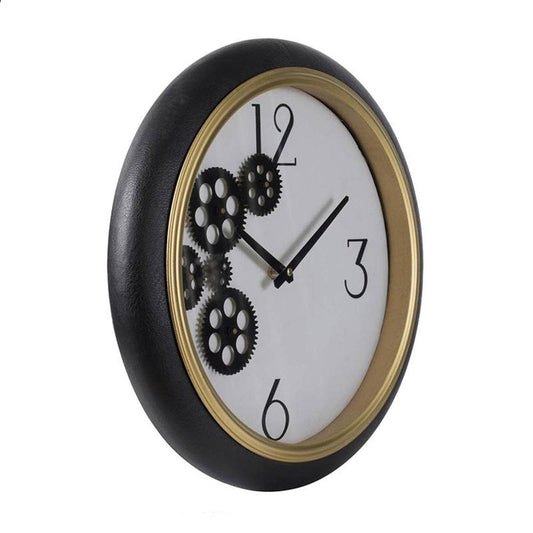 16" Black Gold And White Faux Leather And Iron Analog Exposed Gear Round Wall Clock HomeRoots