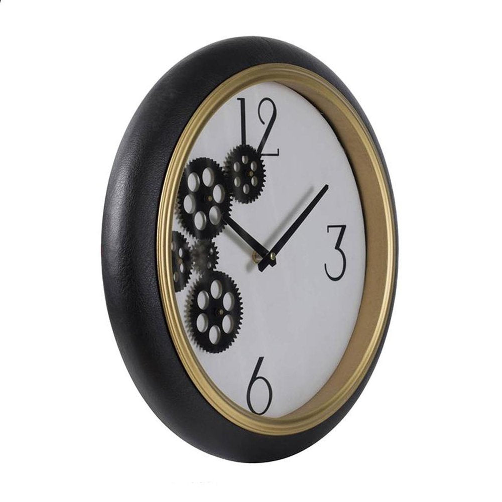 16" Black Gold And White Faux Leather And Iron Analog Exposed Gear Round Wall Clock HomeRoots