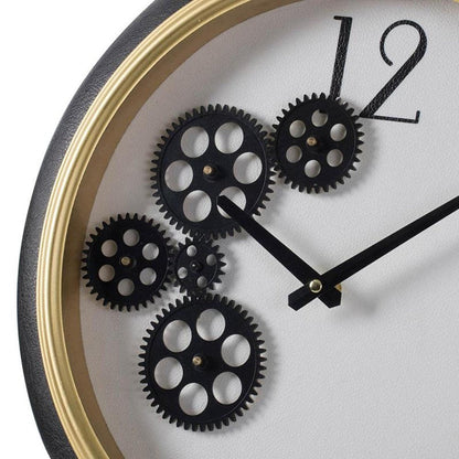 16" Black Gold And White Faux Leather And Iron Analog Exposed Gear Round Wall Clock HomeRoots