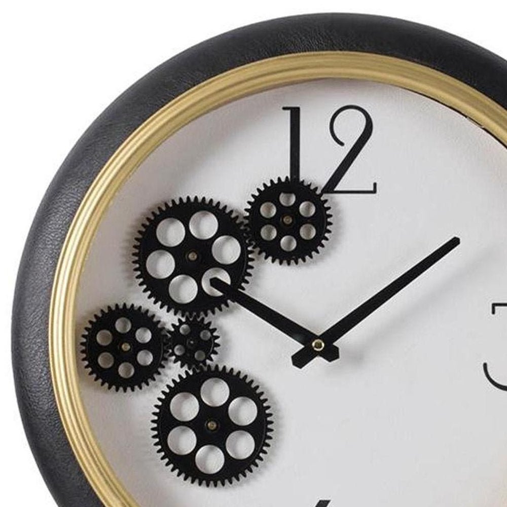 16" Black Gold And White Faux Leather And Iron Analog Exposed Gear Round Wall Clock HomeRoots