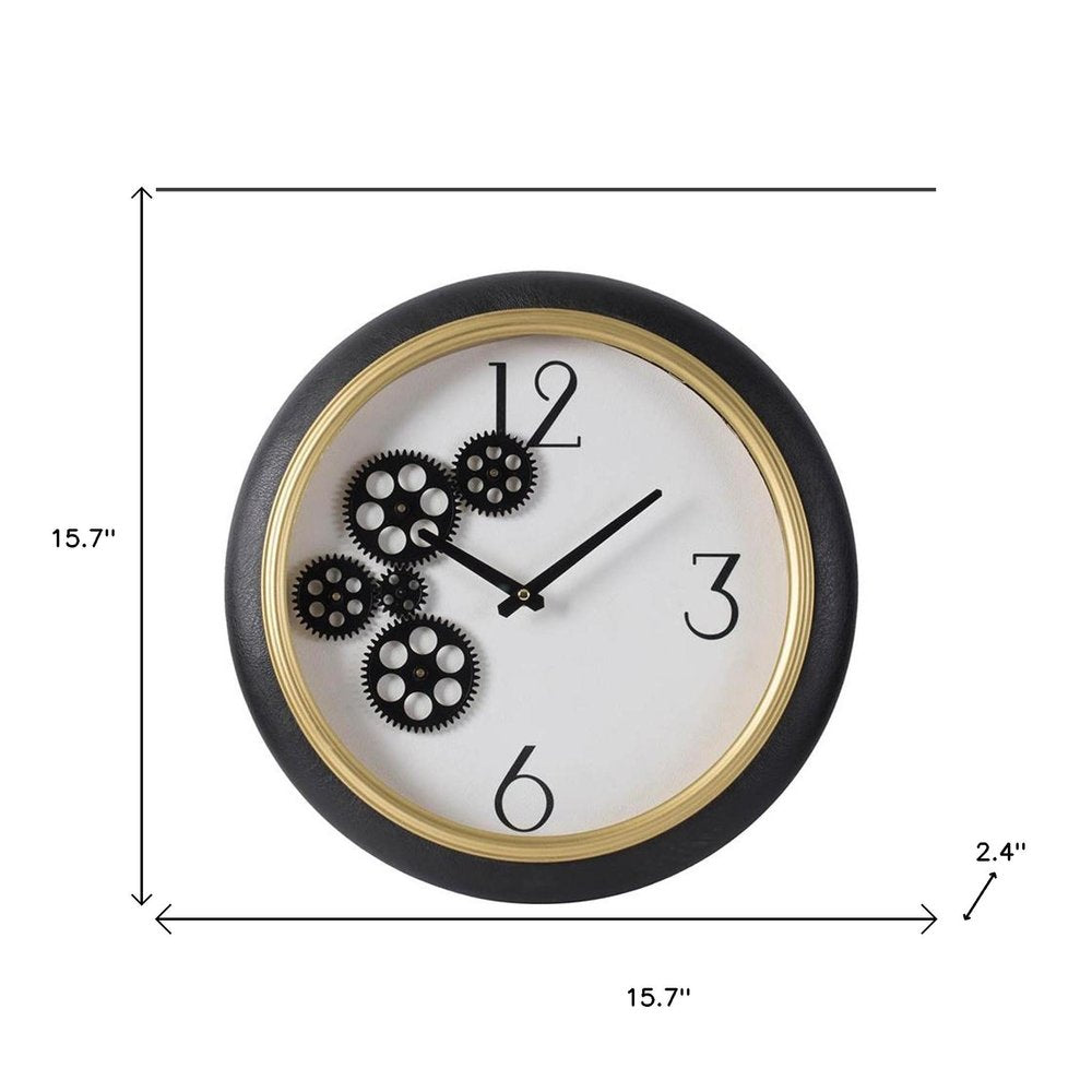16" Black Gold And White Faux Leather And Iron Analog Exposed Gear Round Wall Clock HomeRoots