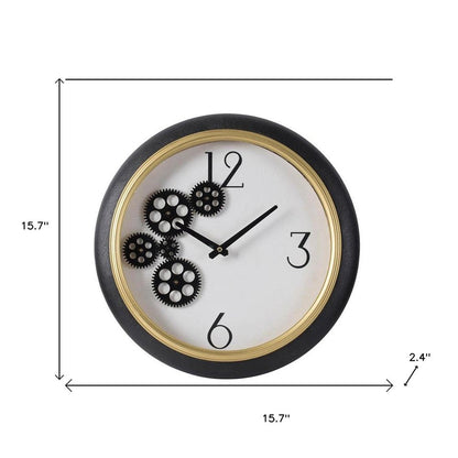 16" Black Gold And White Faux Leather And Iron Analog Exposed Gear Round Wall Clock HomeRoots