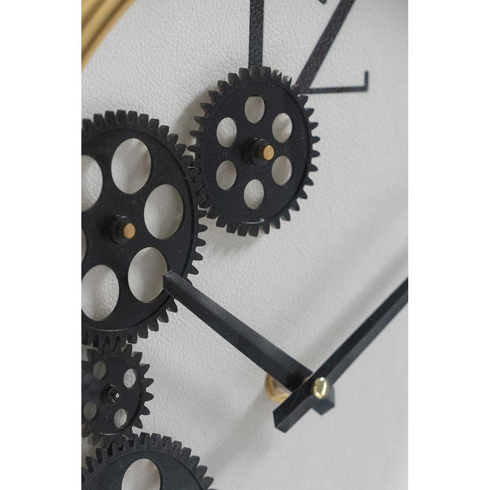 16" Black Gold And White Faux Leather And Iron Analog Exposed Gear Round Wall Clock HomeRoots