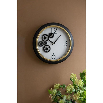 16" Black Gold And White Faux Leather And Iron Analog Exposed Gear Round Wall Clock HomeRoots