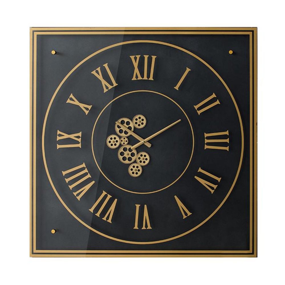 35" Black And Gold Glass And Metal Exposed Gear Square Wall Clock HomeRoots