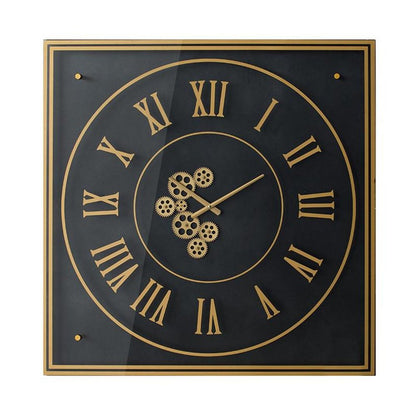 35" Black And Gold Glass And Metal Exposed Gear Square Wall Clock HomeRoots