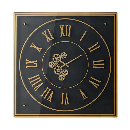 35" Black And Gold Glass And Metal Exposed Gear Square Wall Clock HomeRoots
