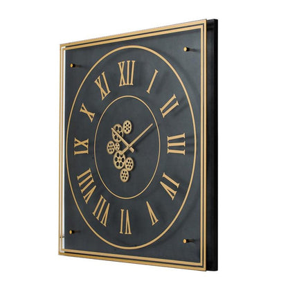 35" Black And Gold Glass And Metal Exposed Gear Square Wall Clock