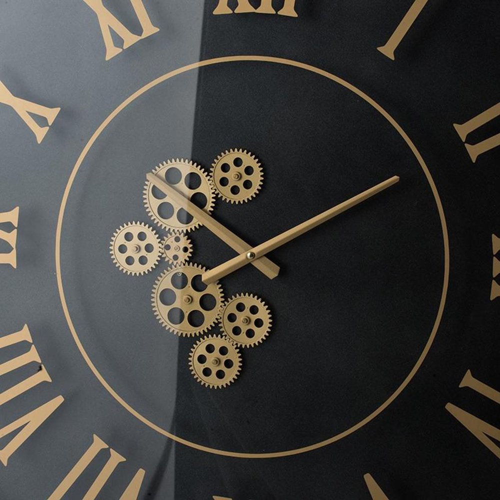 35" Black And Gold Glass And Metal Exposed Gear Square Wall Clock HomeRoots