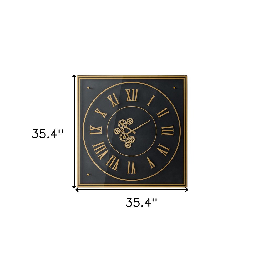 35" Black And Gold Glass And Metal Exposed Gear Square Wall Clock HomeRoots