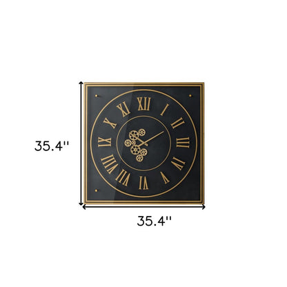 35" Black And Gold Glass And Metal Exposed Gear Square Wall Clock HomeRoots