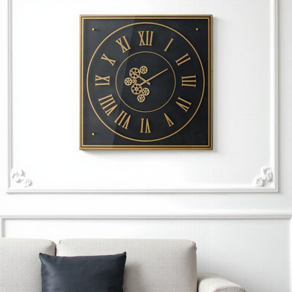 35" Black And Gold Glass And Metal Exposed Gear Square Wall Clock HomeRoots