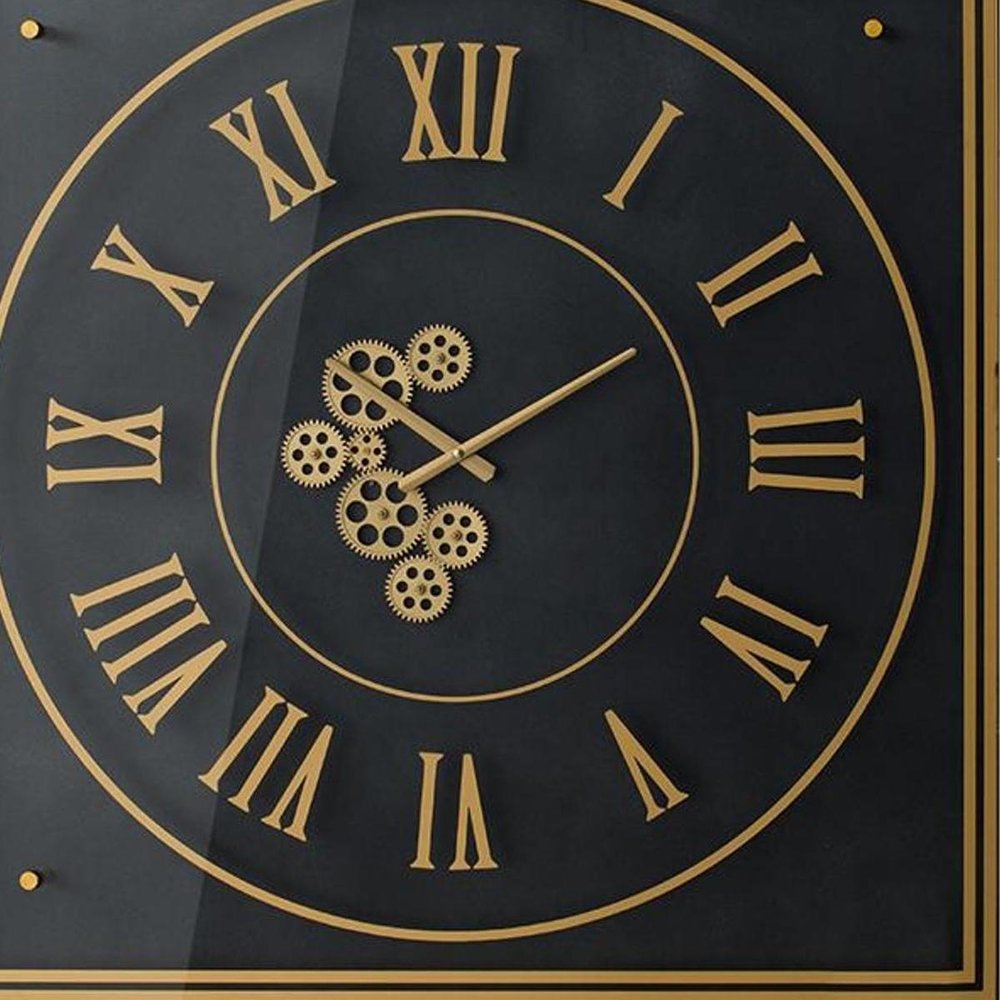 35" Black And Gold Glass And Metal Exposed Gear Square Wall Clock — view 7