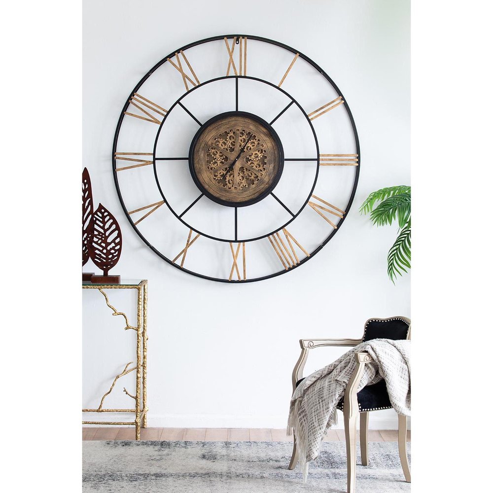 56" Circle Copper Metal and Glass Analog Exposed Gear Wall Clock HomeRoots