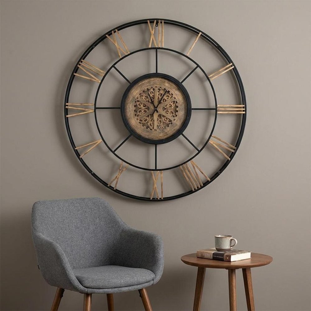 56" Circle Copper Metal and Glass Analog Exposed Gear Wall Clock HomeRoots