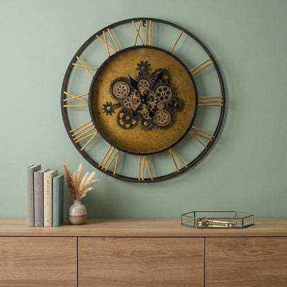 28" Circle Copper Metal and Glass Analog Exposed Gear Wall Clock HomeRoots