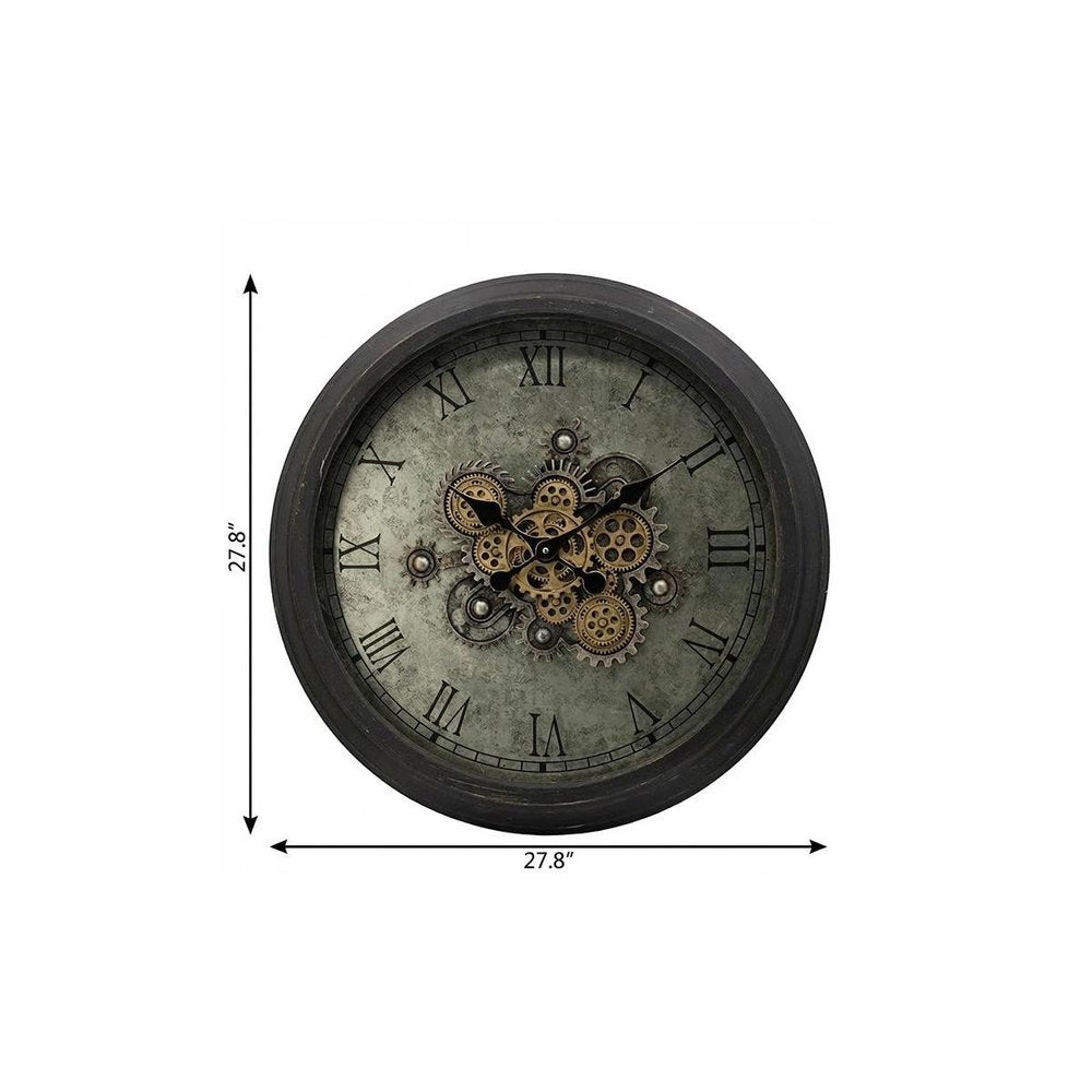 28" Circle Black and Gray Wood and Glass Analog Exposed Gear Wall Clock HomeRoots