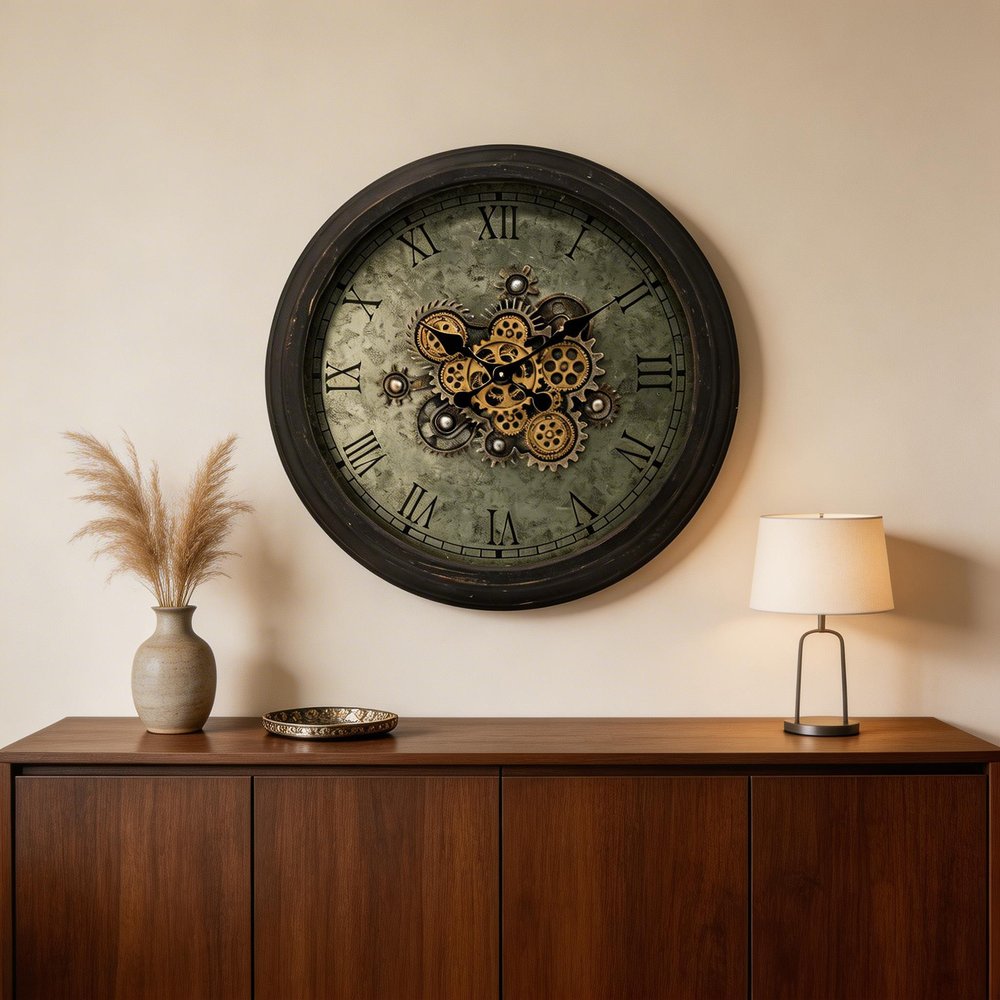 28" Circle Black and Gray Wood and Glass Analog Exposed Gear Wall Clock HomeRoots