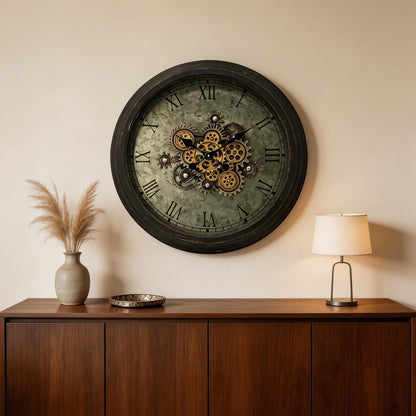 28" Circle Black and Gray Wood and Glass Analog Exposed Gear Wall Clock HomeRoots