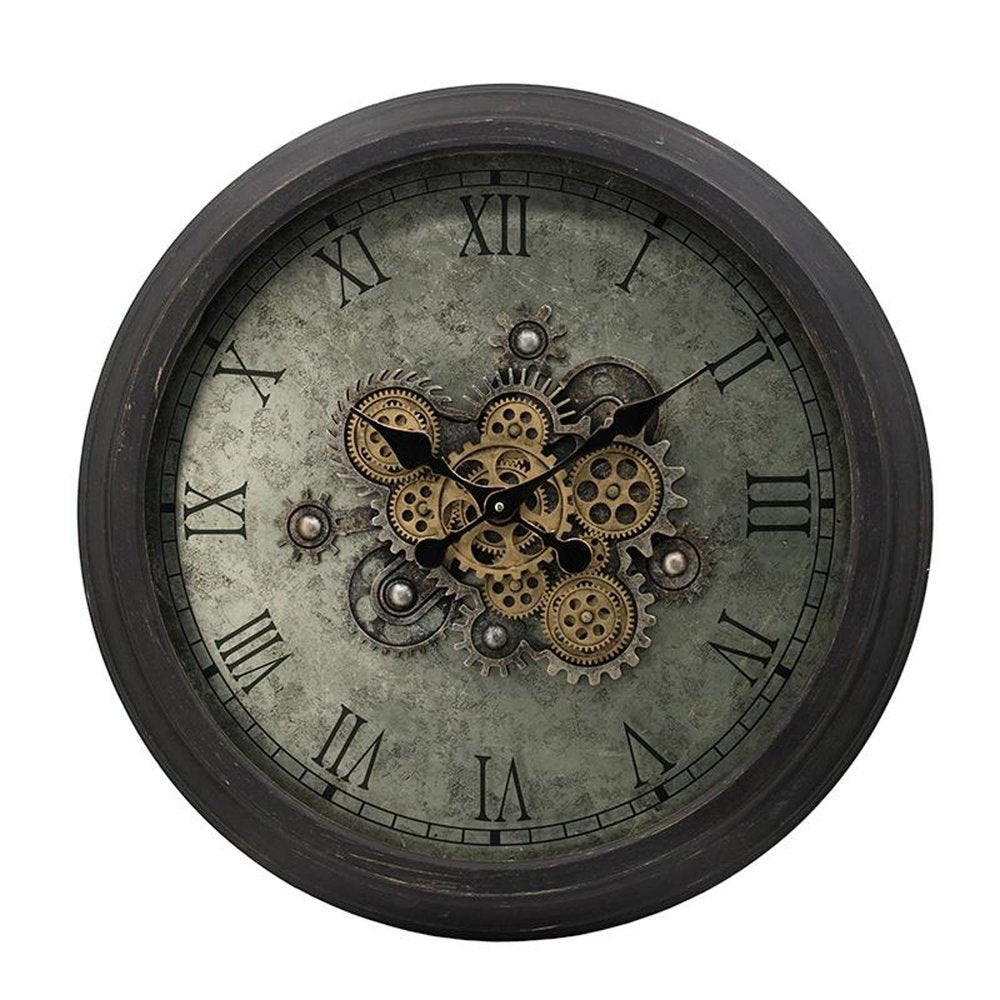 28" Circle Black and Gray Wood and Glass Analog Exposed Gear Wall Clock HomeRoots