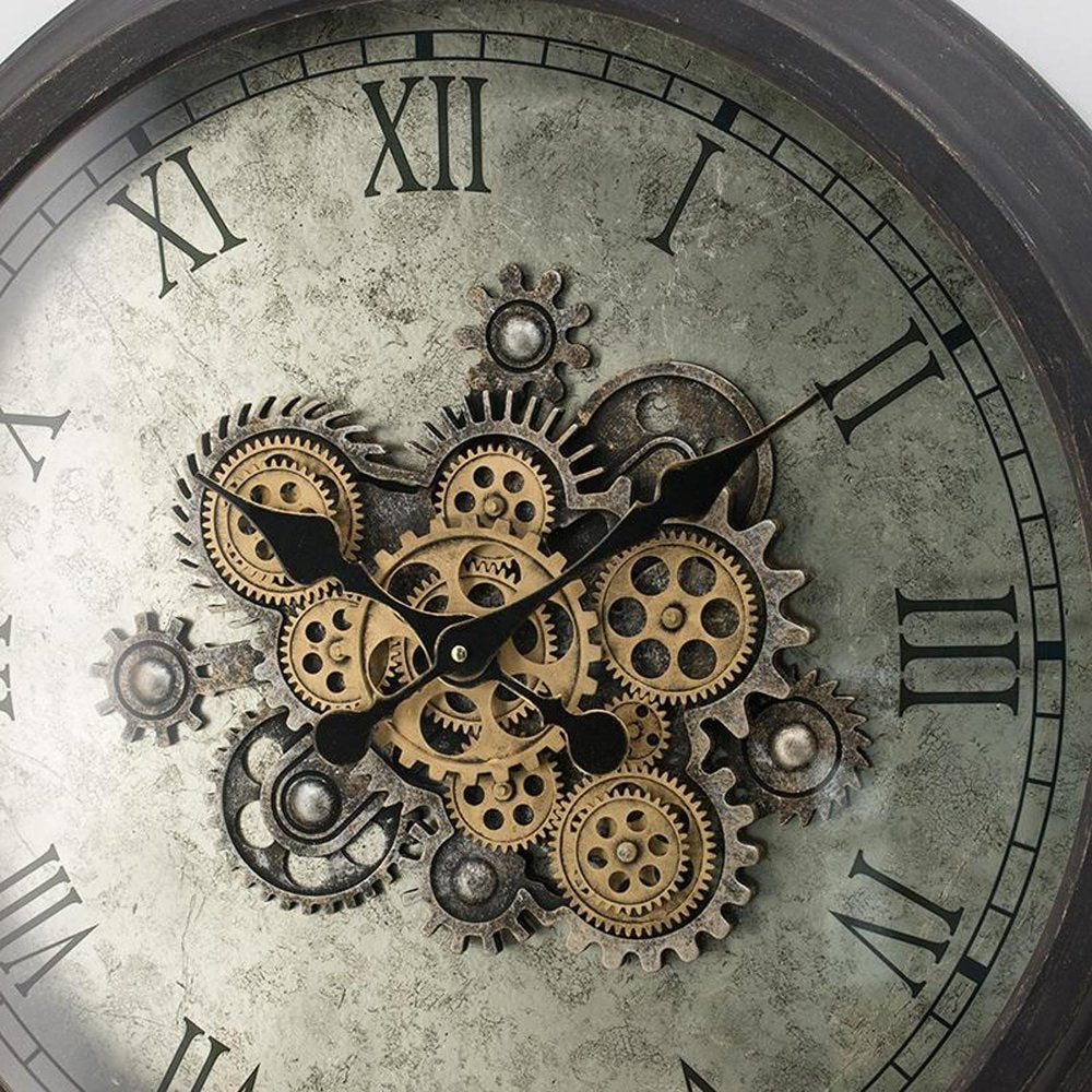 28" Circle Black and Gray Wood and Glass Analog Exposed Gear Wall Clock HomeRoots