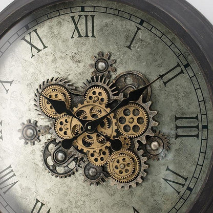 28" Circle Black and Gray Wood and Glass Analog Exposed Gear Wall Clock HomeRoots