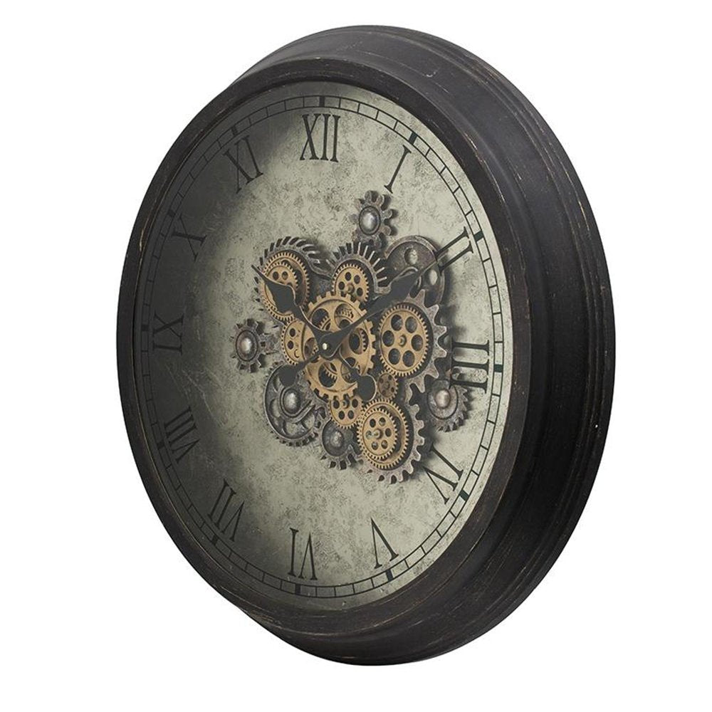 28" Circle Black and Gray Wood and Glass Analog Exposed Gear Wall Clock HomeRoots