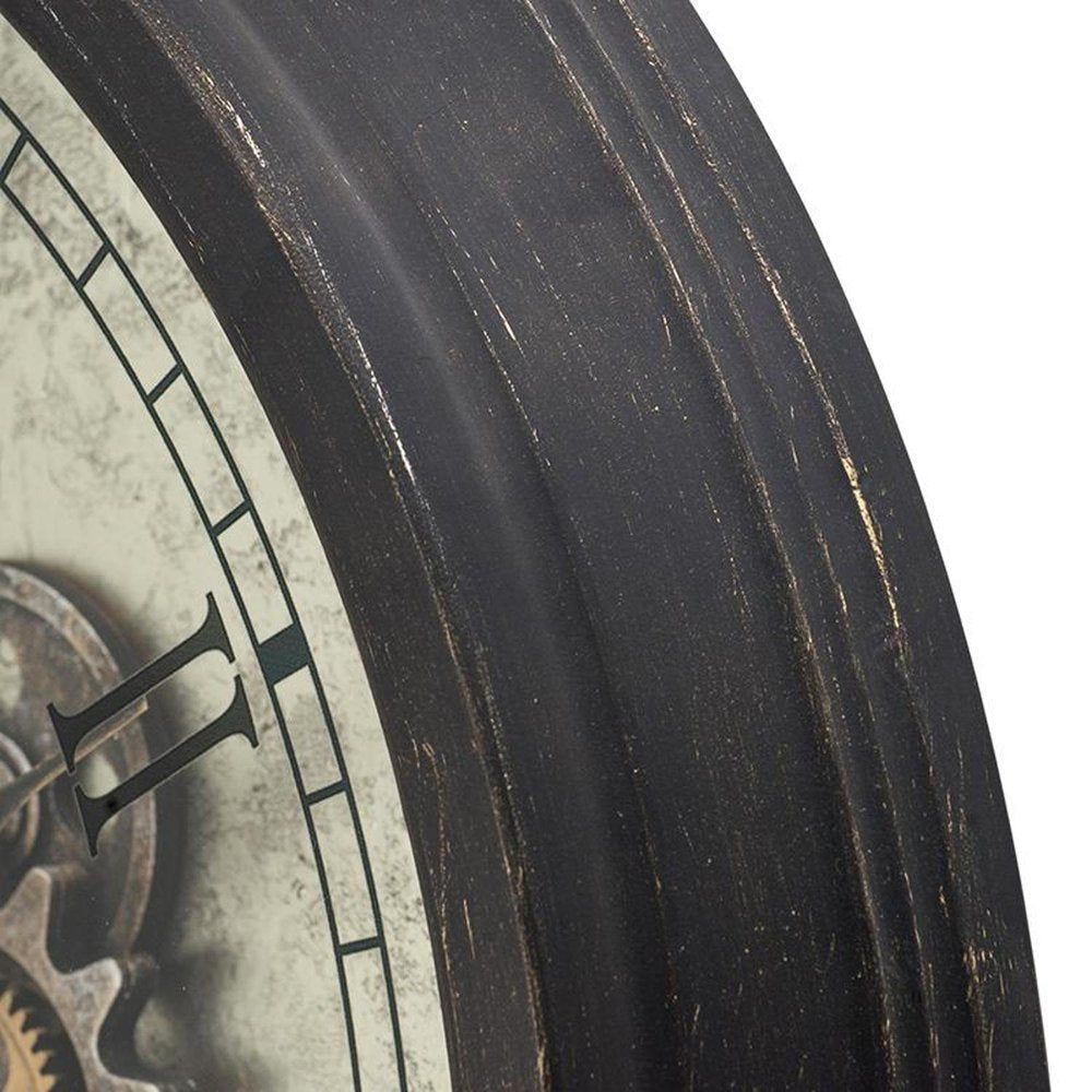 28" Circle Black and Gray Wood and Glass Analog Exposed Gear Wall Clock HomeRoots