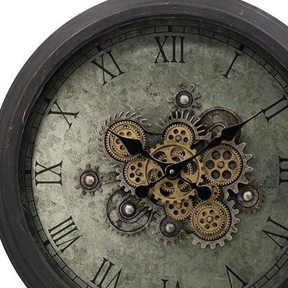 28" Circle Black and Gray Wood and Glass Analog Exposed Gear Wall Clock HomeRoots