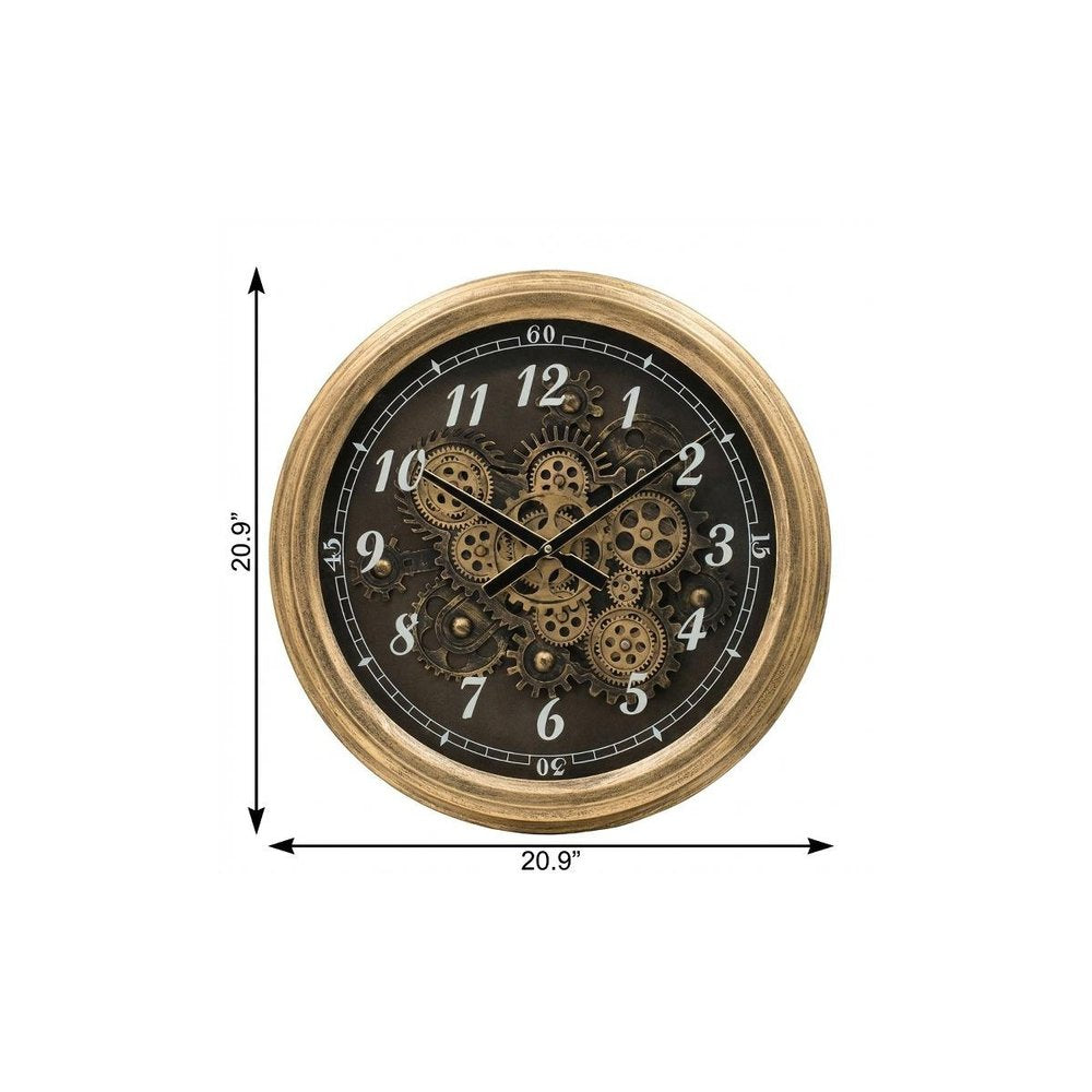 21" Circle Black and Gold Wood and Glass Analog Exposed Gear Wall Clock HomeRoots