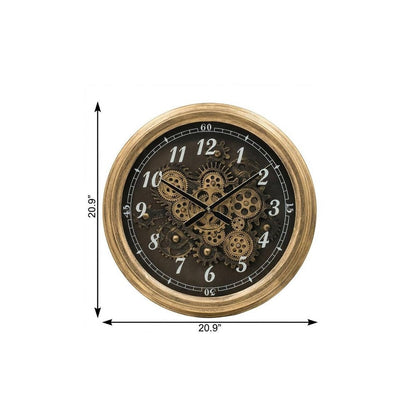 21" Circle Black and Gold Wood and Glass Analog Exposed Gear Wall Clock HomeRoots