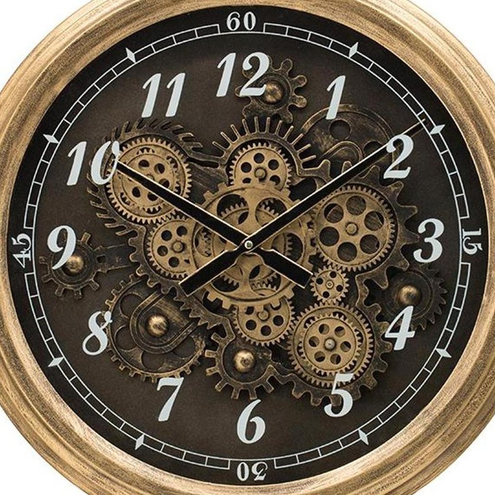 21" Circle Black and Gold Wood and Glass Analog Exposed Gear Wall Clock HomeRoots