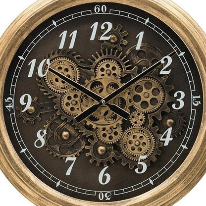 21" Circle Black and Gold Wood and Glass Analog Exposed Gear Wall Clock HomeRoots