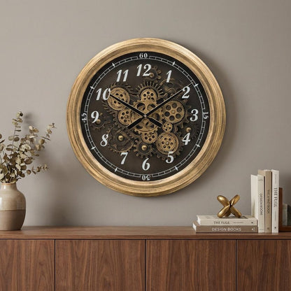 21" Circle Black and Gold Wood and Glass Analog Exposed Gear Wall Clock HomeRoots