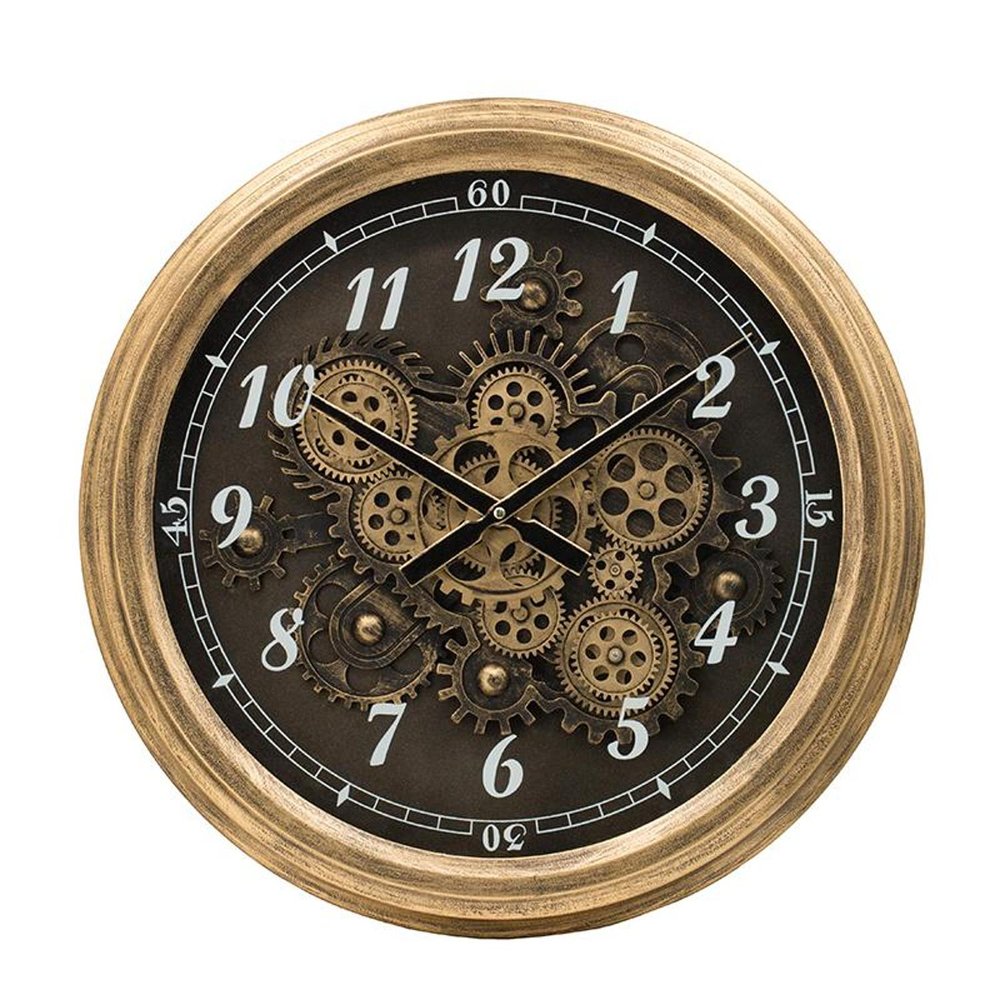 21" Circle Black and Gold Wood and Glass Analog Exposed Gear Wall Clock HomeRoots