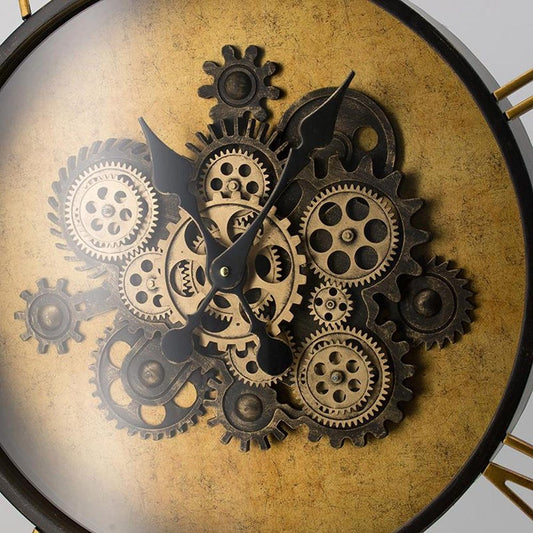 21" Circle Black and Gold Wood and Glass Analog Exposed Gear Wall Clock HomeRoots