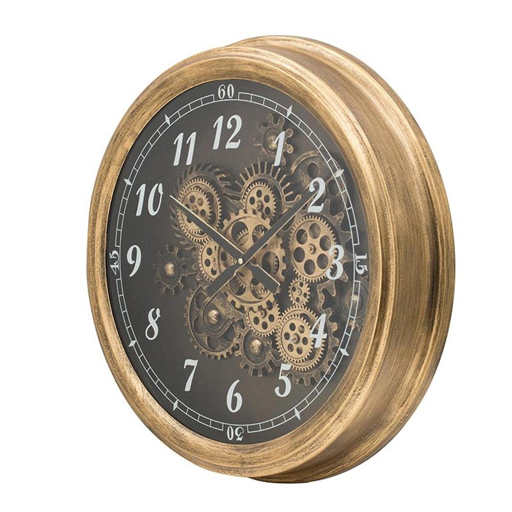 21" Circle Black and Gold Wood and Glass Analog Exposed Gear Wall Clock HomeRoots
