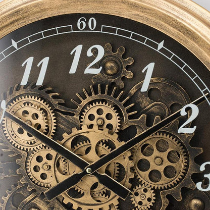 21" Circle Black and Gold Wood and Glass Analog Exposed Gear Wall Clock HomeRoots