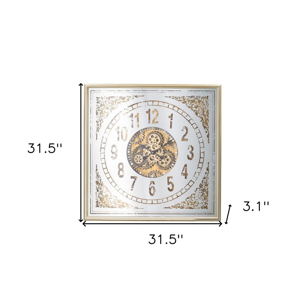 32" Square Gold and Silver Wood and Mirror Analog Exposed Gear Wall Clock HomeRoots