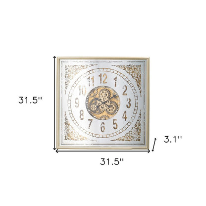 32" Square Gold and Silver Wood and Mirror Analog Exposed Gear Wall Clock HomeRoots