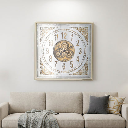 32" Square Gold and Silver Wood and Mirror Analog Exposed Gear Wall Clock HomeRoots