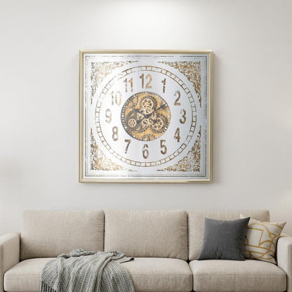 32" Square Gold and Silver Wood and Mirror Analog Exposed Gear Wall Clock HomeRoots