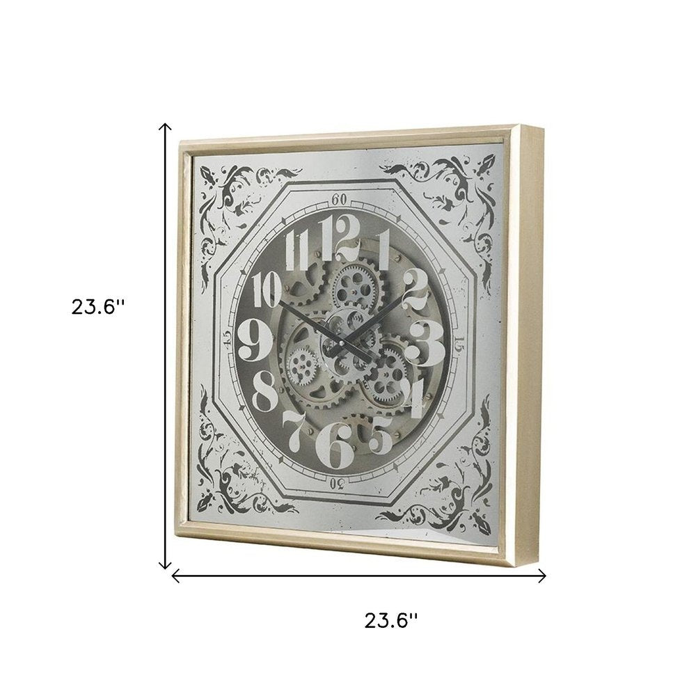 24" Square Gold and Silver Wood and Mirror Exposed Gear Wall Clock HomeRoots